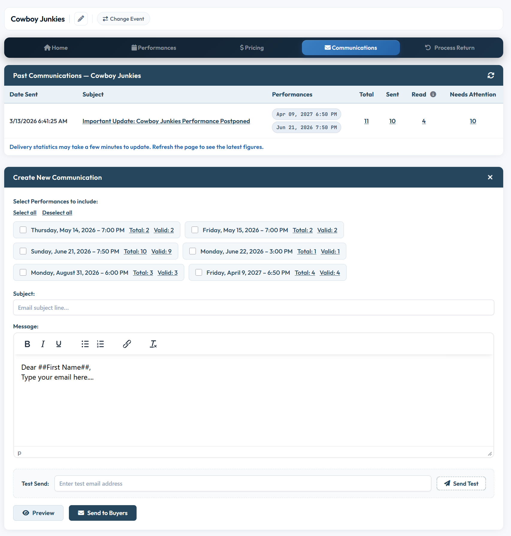 TixHub performance communications dashboard showing selected performances, message editor and send controls